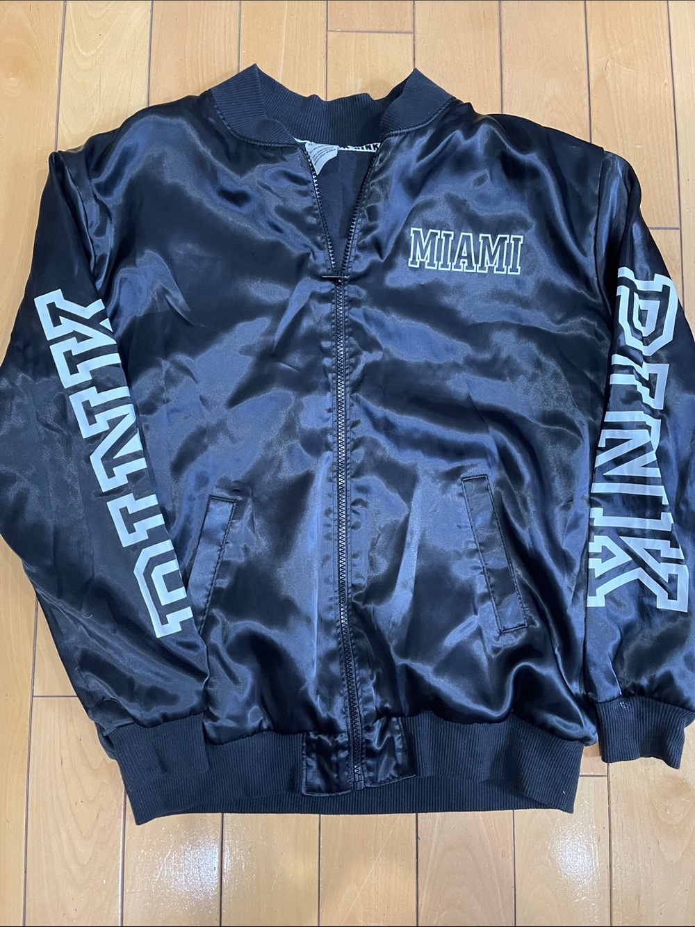 PINK Victoria's Secret Black Miami Satin Bomber Jacket with White Sleeve Logos